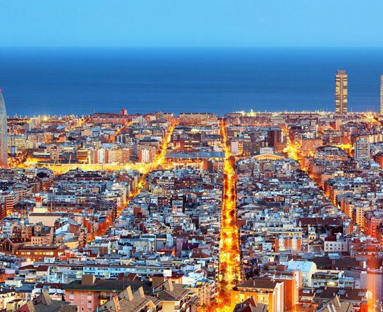 Barcelona skyline, Aerial view at night, Spain